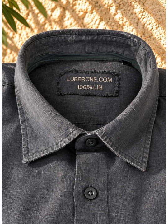Collar and Luberone label detail of a men's anthracite linen shirt