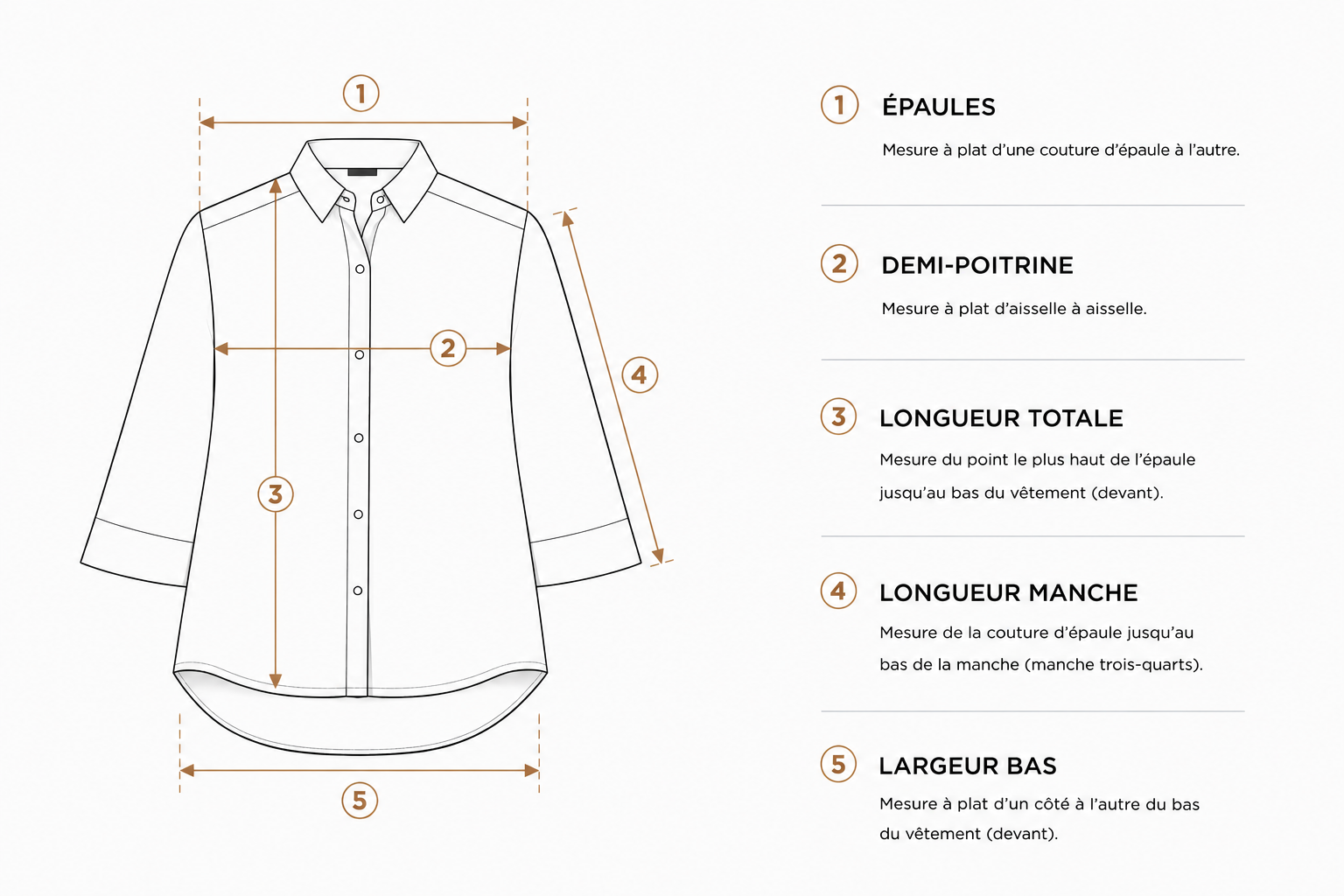 Guide mesures chemise femme manches trois quart