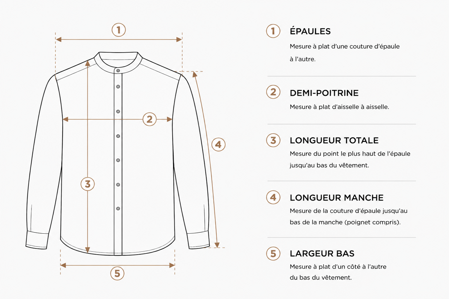 Guide mesures chemise homme manches longues sans col
