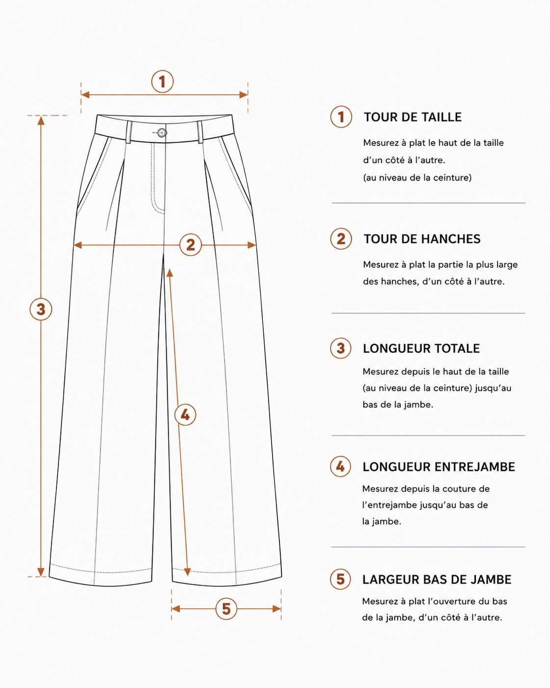 Guide des mesures à plat d’un pantalon femme à pince avec coupe droite et bas légèrement large.