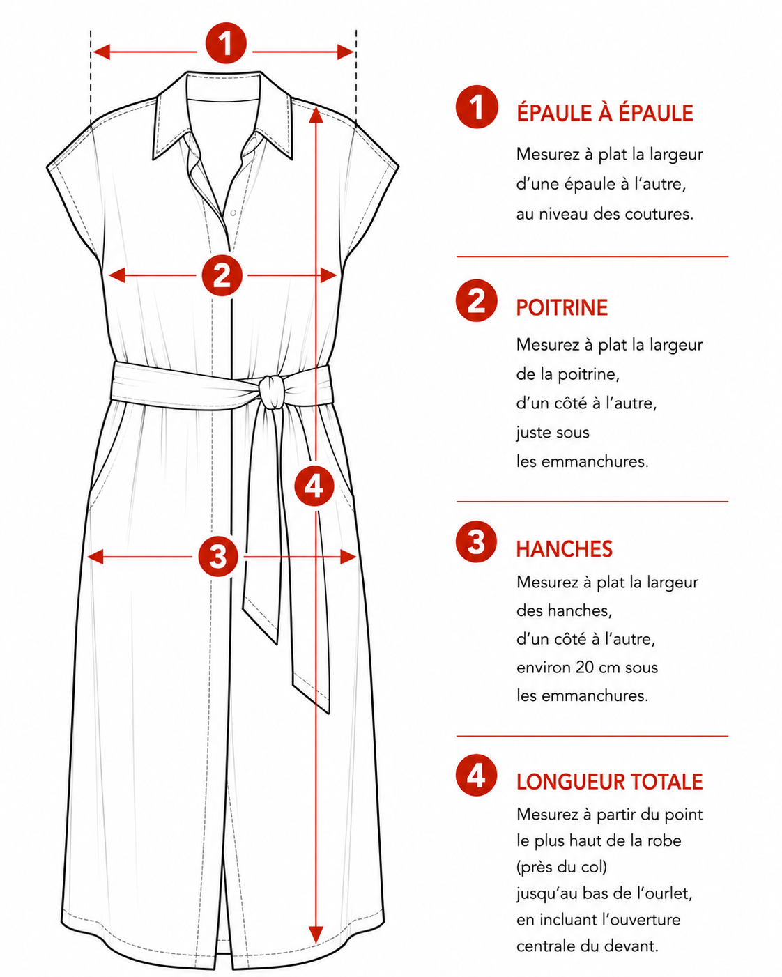Guide des mesures à plat d’une robe boutonnée femme en lin avec col chemise, ceinture à nouer et coupe confortable.