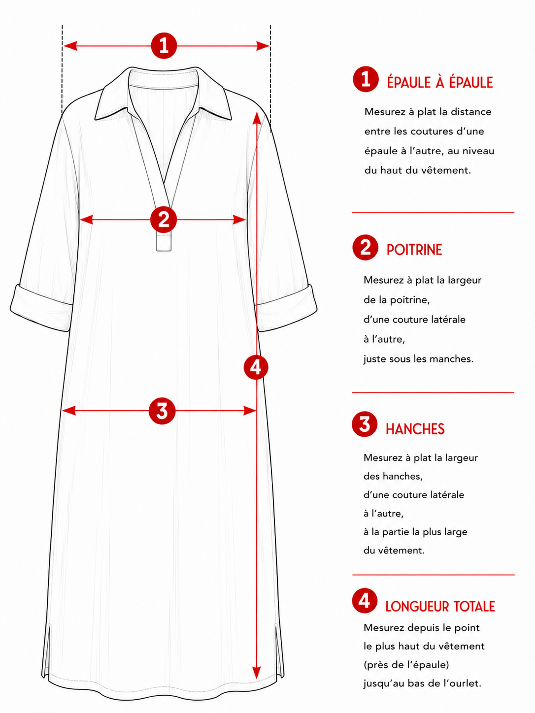 Guide des mesures à plat d’une robe femme en lin avec col à revers, décolleté V et manches 3/4.