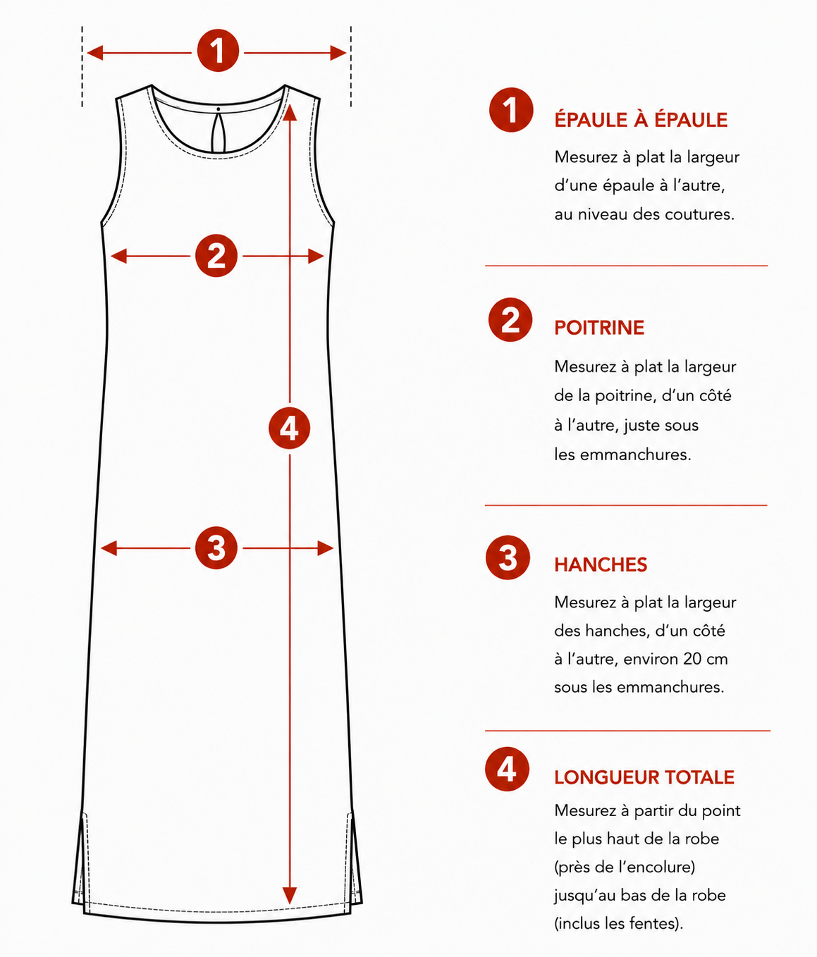 Guide des mesures à plat d’une robe longue femme sans manches avec col rond et fentes latérales.
