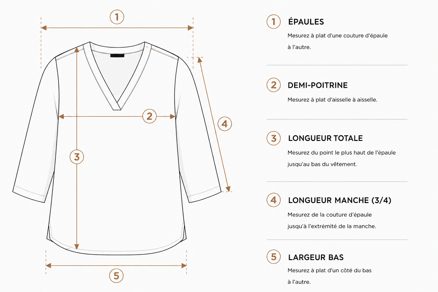 Guide mesures top femme col en V manches trois quart