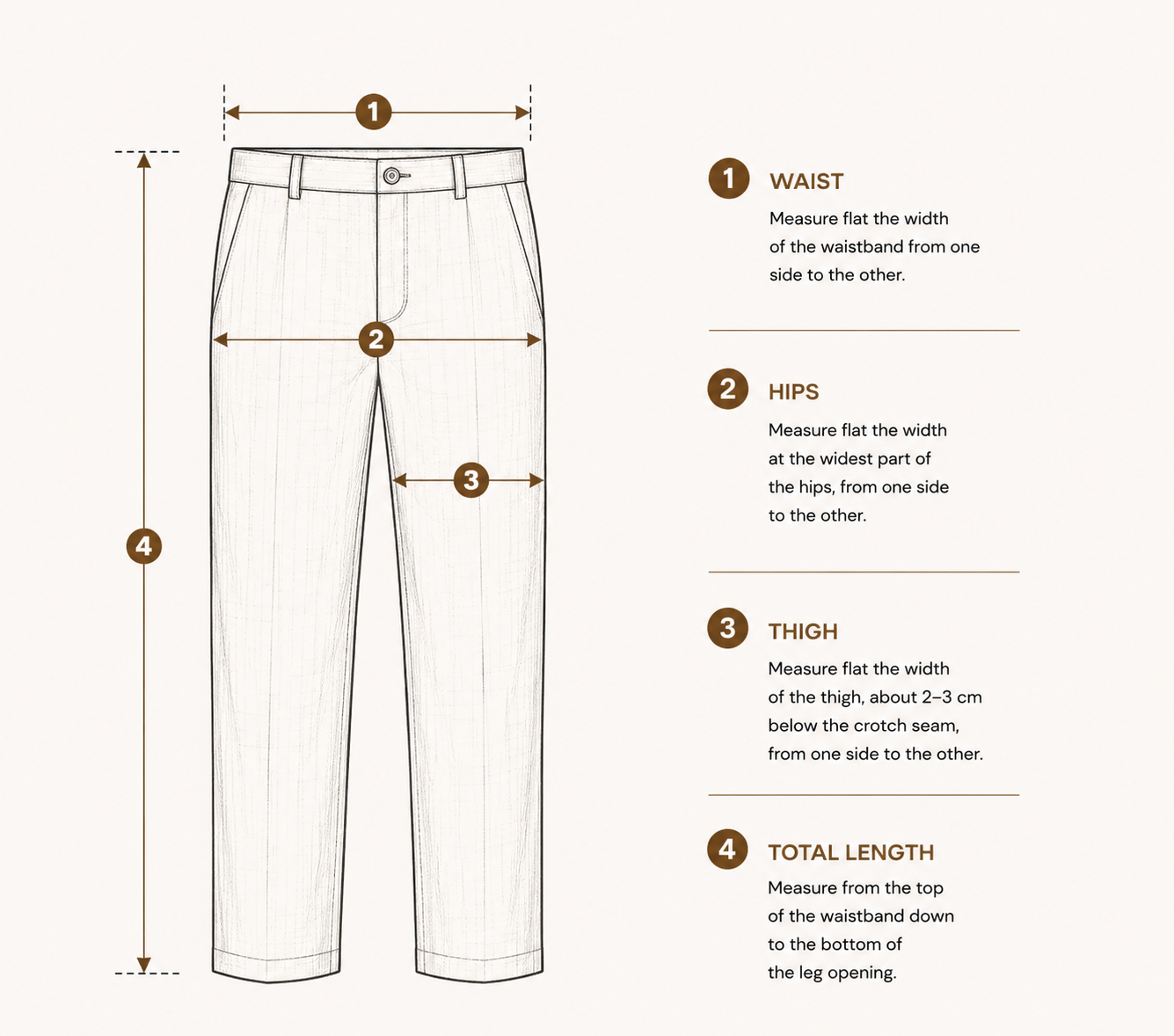 Flat measurement guide for men’s linen pants with elegant fit showing waist, hips, thigh and total length measurements.