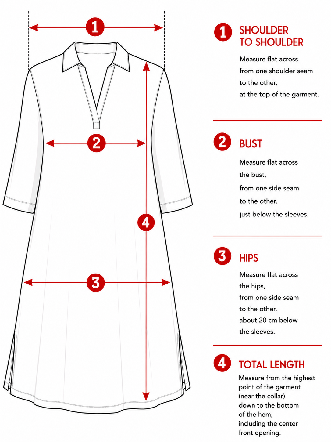 Flat measurement guide for the women's linen A-line dress featuring a V-neck shirt collar, 3/4 sleeves and side pockets. Measurement points indicate shoulder to shoulder, bust, hips and total length.