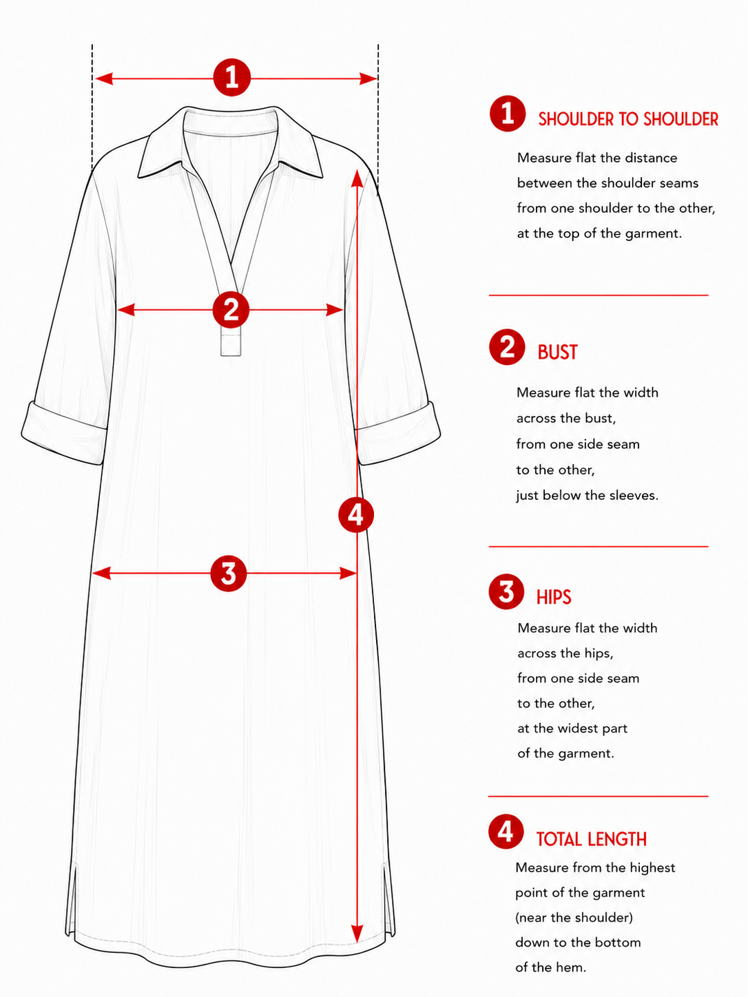 Flat measurement guide for a women's linen dress with notched collar, V-neckline and 3/4 sleeves.