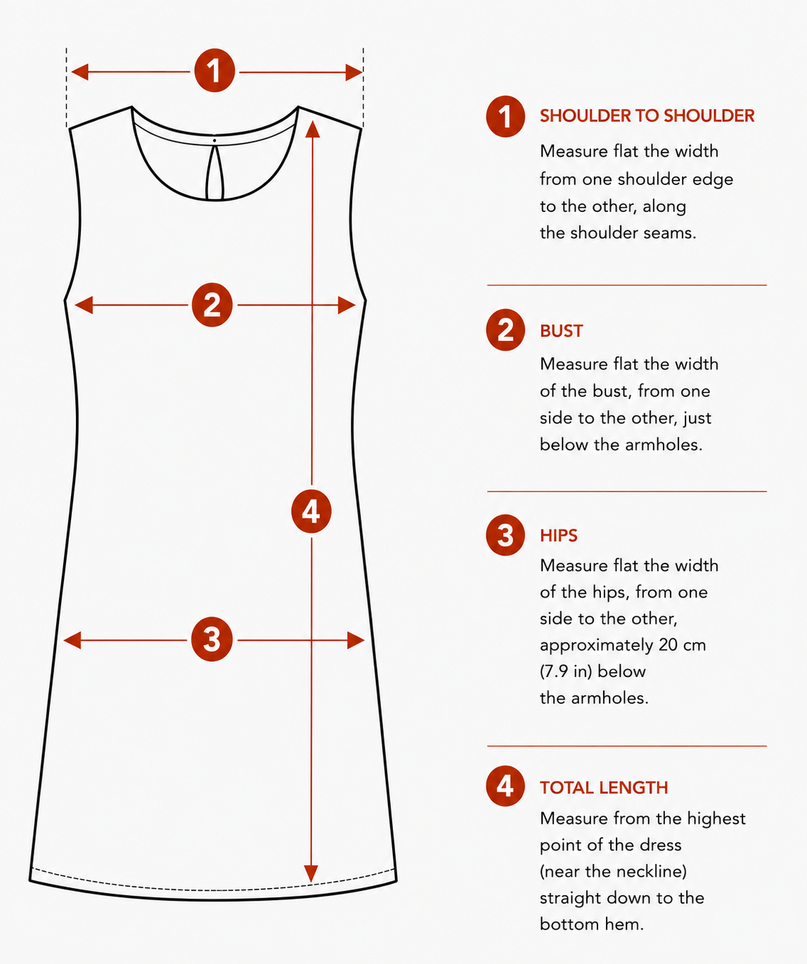 Flat measurement guide for a women's mid-length linen sleeveless dress with a round neckline, showing shoulder width, bust, hips and total length measurements.