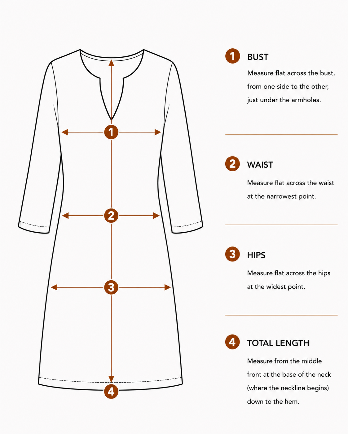 Flat measurement guide for a women’s straight fit linen dress with V-neck and three-quarter sleeves.