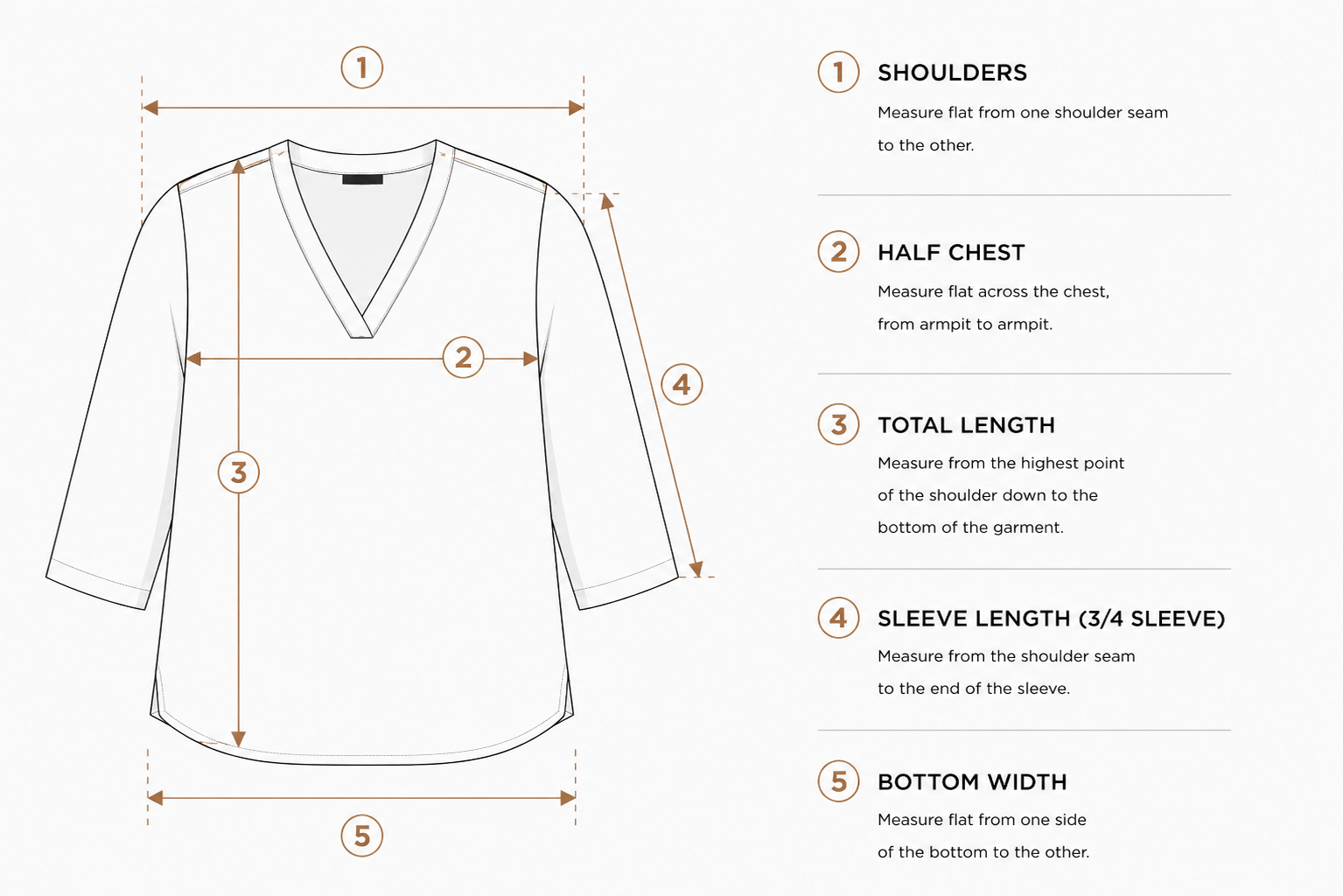 Women's V-Neck Three-Quarter Sleeve Top Measurement Guide