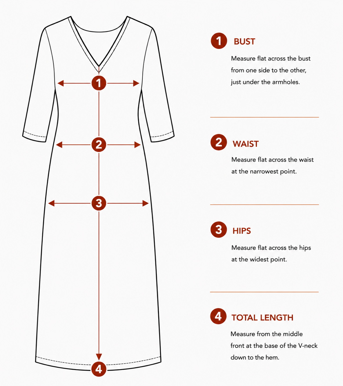 Flat measurement guide for a women’s long straight fit linen dress with V-neck and three-quarter sleeves.
