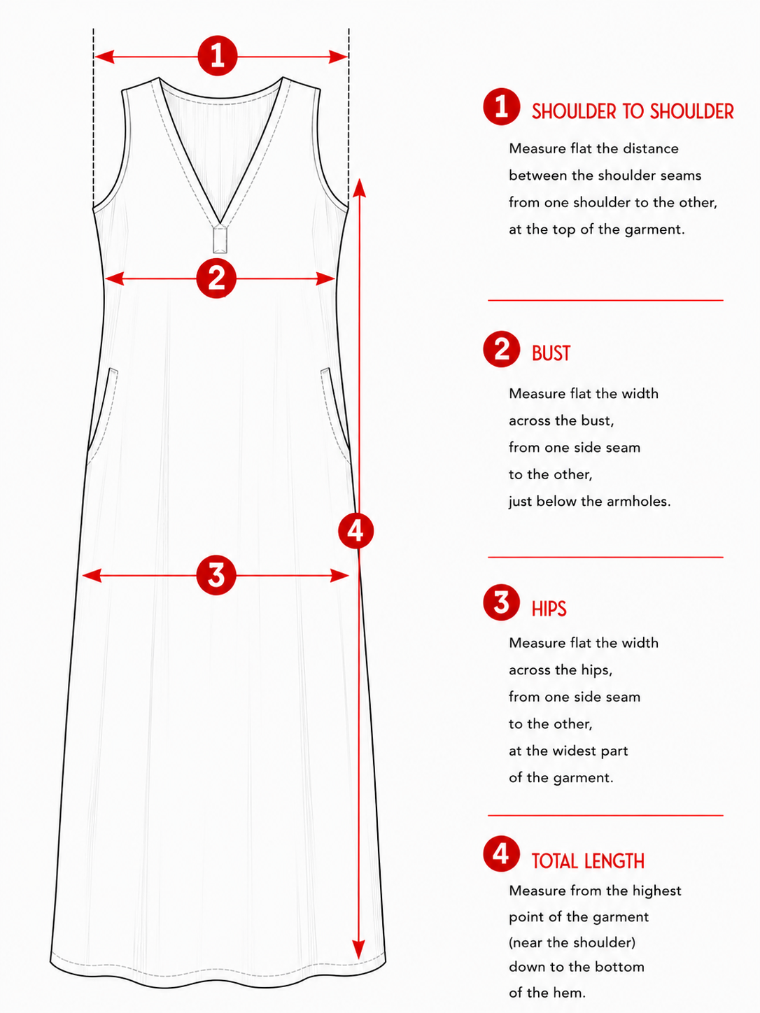 Flat measurement guide for a women's long linen dress with V-neckline, sleeveless design and side pockets.