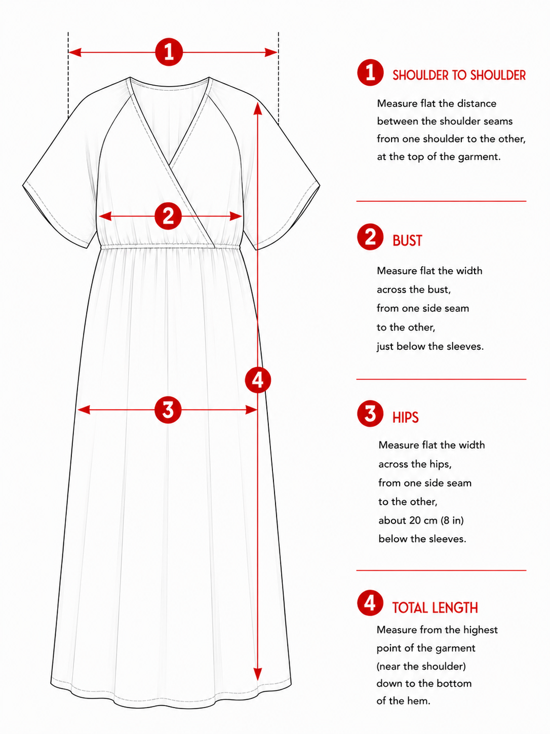 Flat measurement guide for a women's long linen dress with wrap neckline, raglan sleeves and elasticated waist.