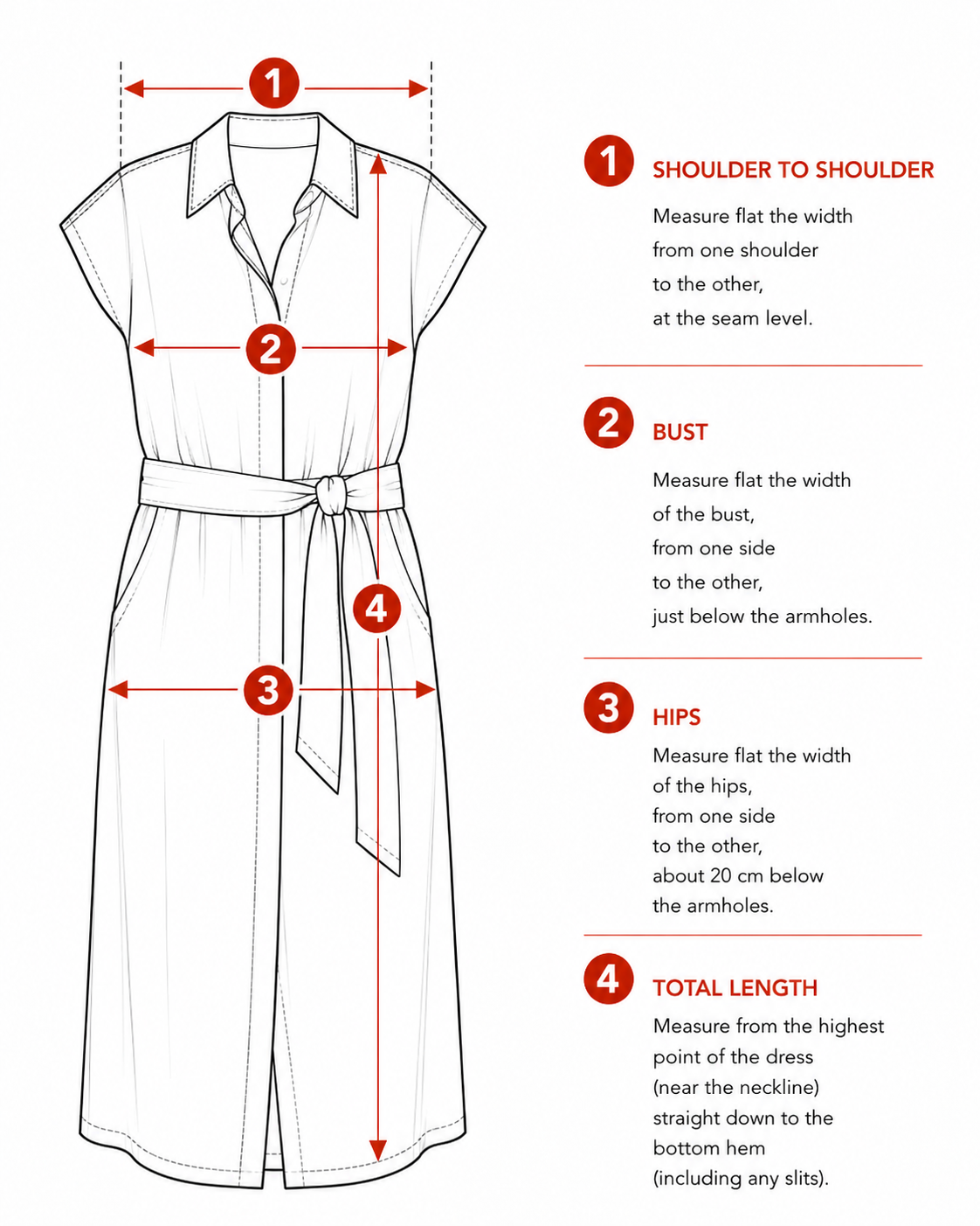 Flat measurement guide for a women's linen button-front dress with a shirt collar and matching fabric belt.