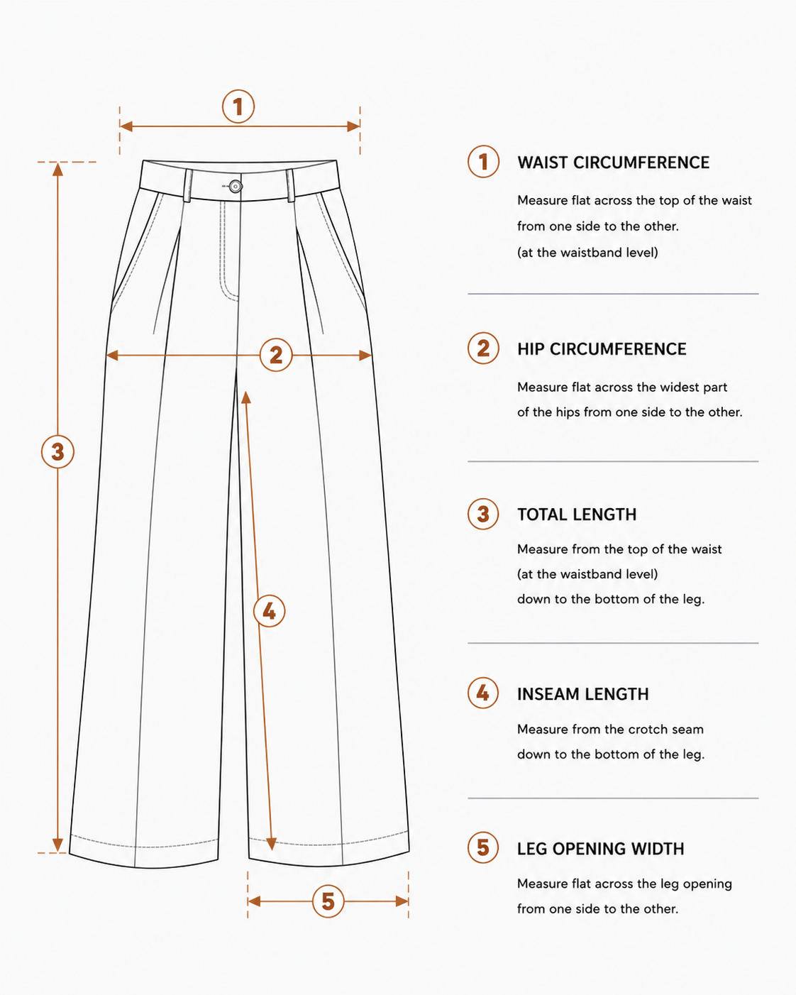 Flat measurement guide for women’s pleated pants with a straight fit and slightly wide leg opening.