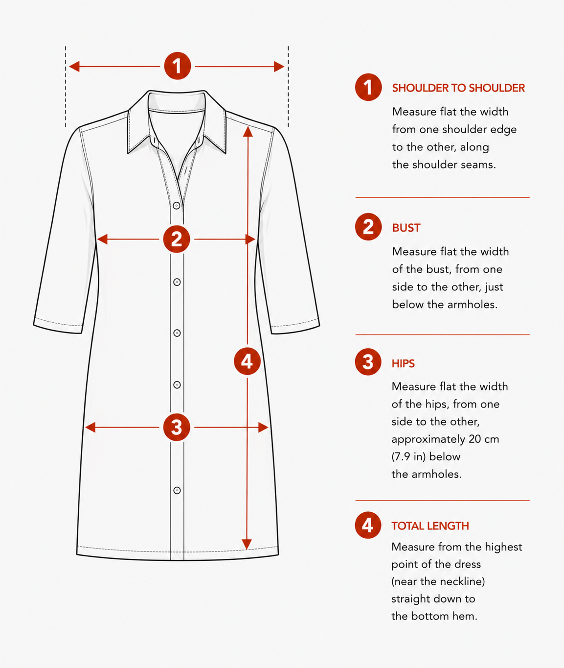 Flat measurement guide for a women’s linen shirt dress with a classic collar and three-quarter sleeves.