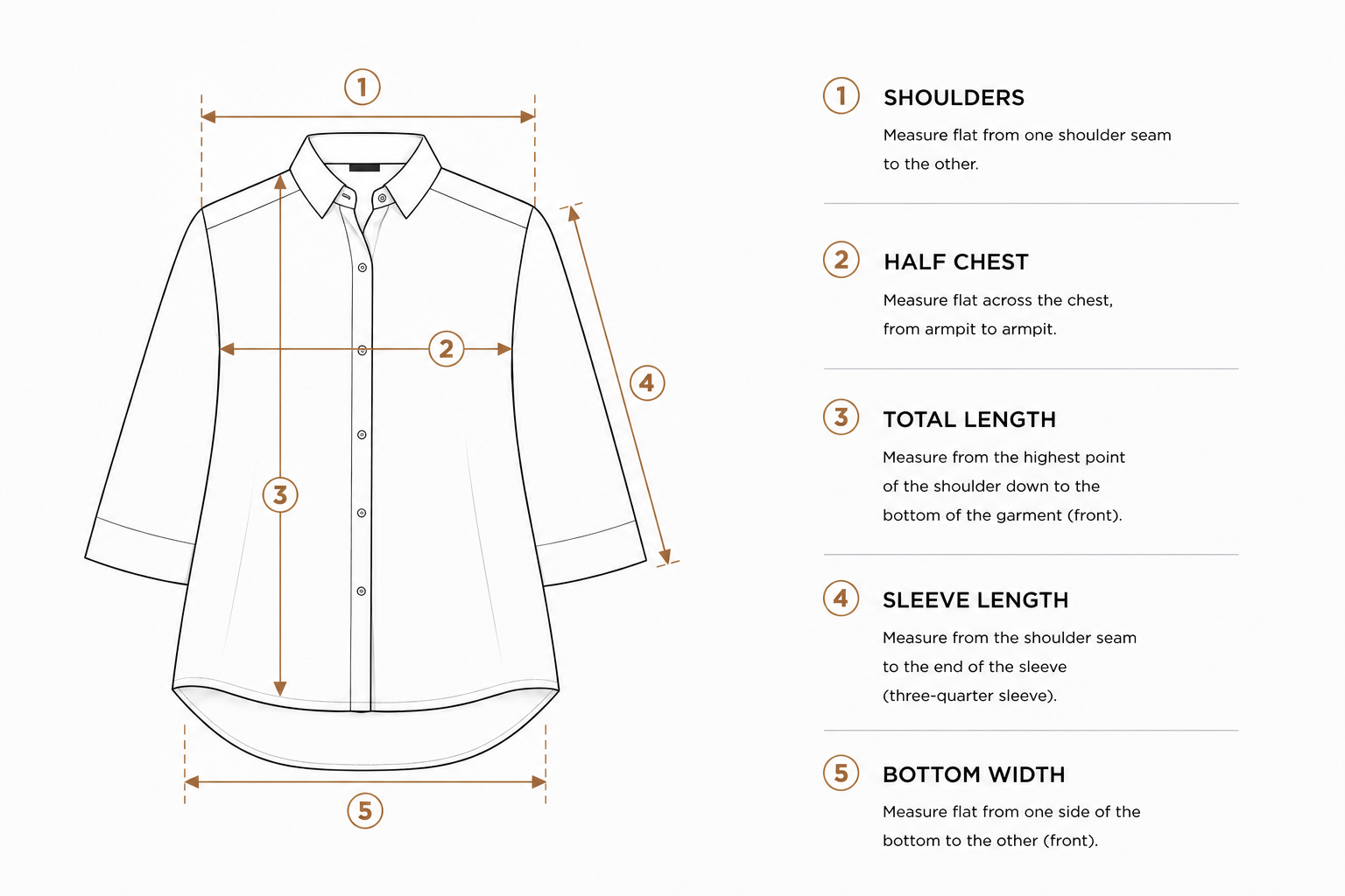 Women's Three-Quarter Sleeve Shirt Measurement Guide