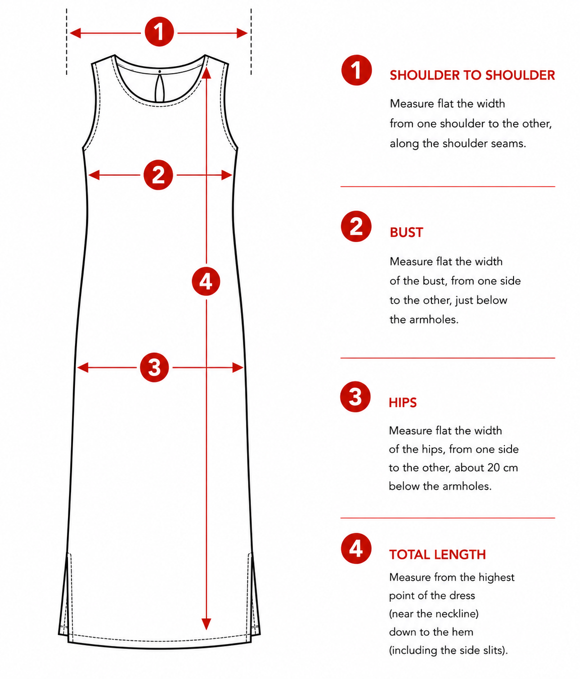 Flat measurement guide for a women’s sleeveless long dress with a round neckline and side slits.